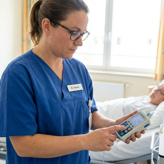 Pflegefachkraft überprüft konzentriert eine kleine mobile Infusionspumpe