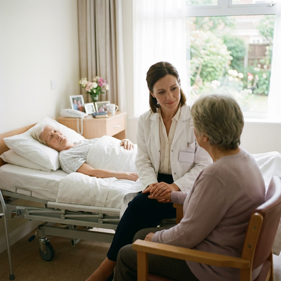 Ärztin sitzt neben einem Pflegebett und spricht ruhig mit einer Angehörigen