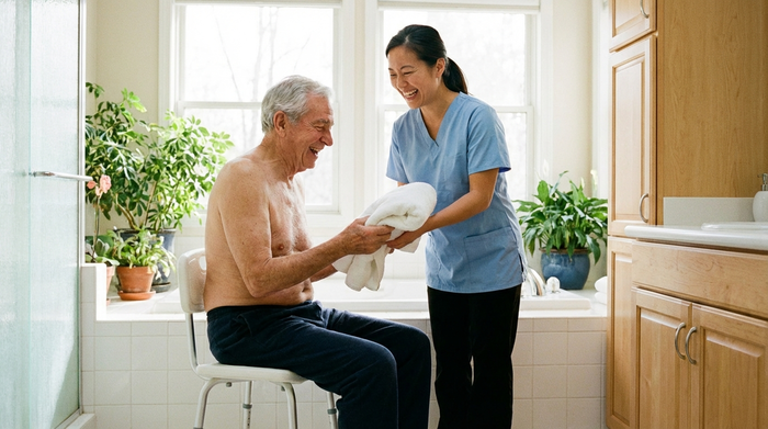 Freundliche Pflegekraft reicht einem älteren Herrn ein frisches Handtuch im hellen Badezimmer