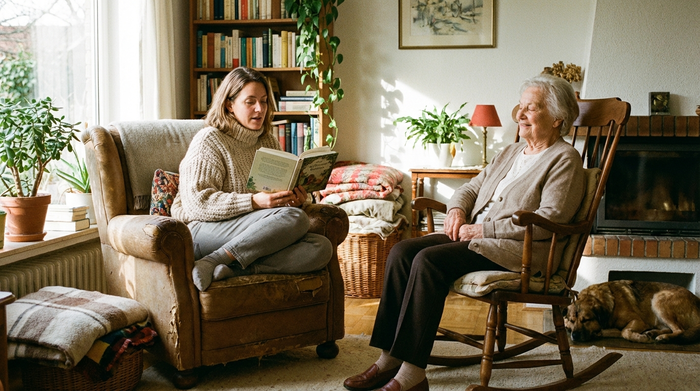 Frau sitzt entspannt in einem Sessel und liest einer älteren Dame aus einem Buch vor