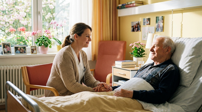 Einfühlsame Pflegekraft sitzt am Pflegebett und hält beruhigend die Hand eines älteren Patienten in einem hellen, freundlichen Zimmer