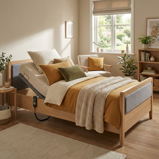 Modernes, elektrisch verstellbares Pflegebett in gemütlichem Schlafzimmer