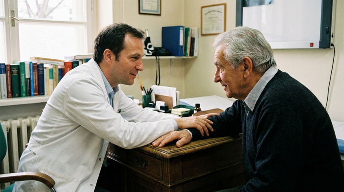 Arzt und älterer Patient sitzen sich am Schreibtisch gegenüber und führen ein zugewandtes, ruhiges Beratungsgespräch