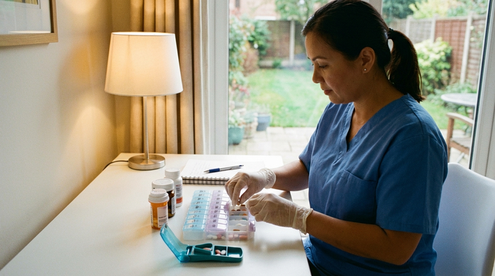 Pflegekraft bereitet sorgfältig Medikamente in einem Dosierer vor