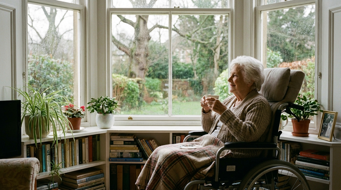 Seniorin sitzt entspannt im Rollstuhl am Fenster