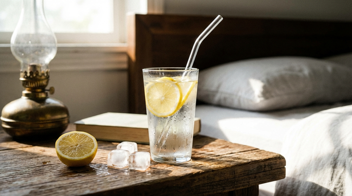 Wasserglas mit frischer Zitrone und Strohhalm auf einem Nachttisch