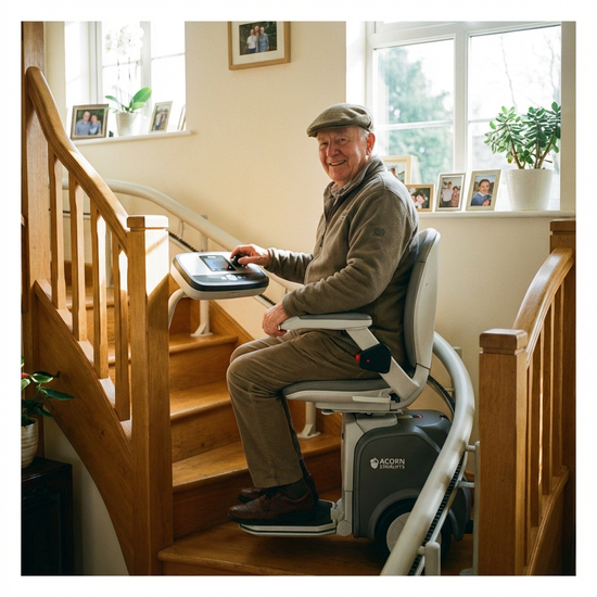 Senior fährt sicher mit einem modernen Treppenlift die Treppe hinauf