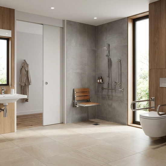Barrierefreies Badezimmer mit bodengleicher Dusche und Duschklappsitz