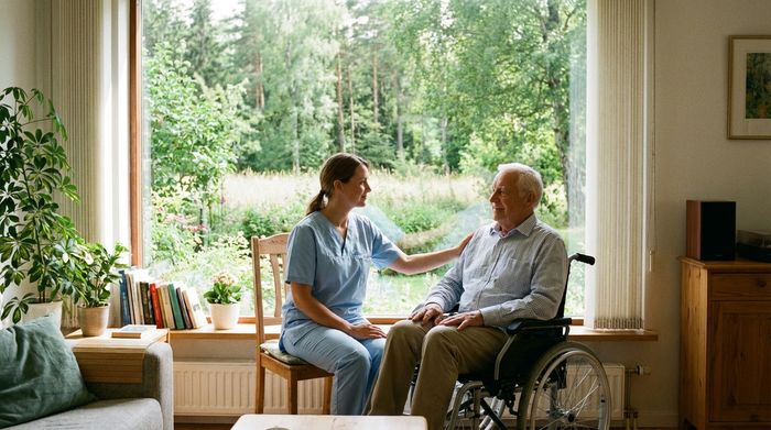 Pflegerin und Senior sitzen ruhig in einem hellen Raum und blicken gemeinsam aus dem Fenster in die Natur