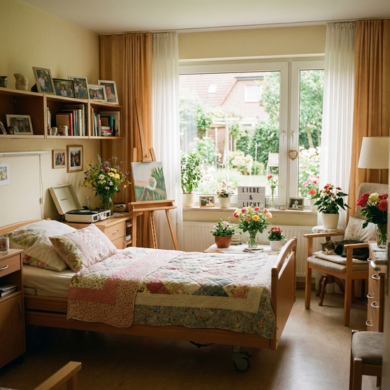 Freundliches Zimmer in einem stationären Hospiz mit persönlichen Gegenständen und Blumen