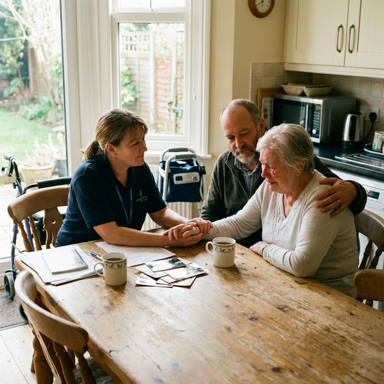 Ambulante Hospizhelferin im Gespräch mit Angehörigen am Küchentisch