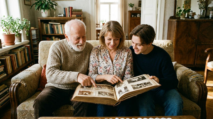 Angehörige betrachten gemeinsam mit einem Senior ein altes Fotoalbum