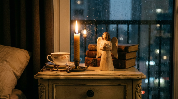 Eine brennende Kerze und ein kleiner Engel auf einem Nachttisch