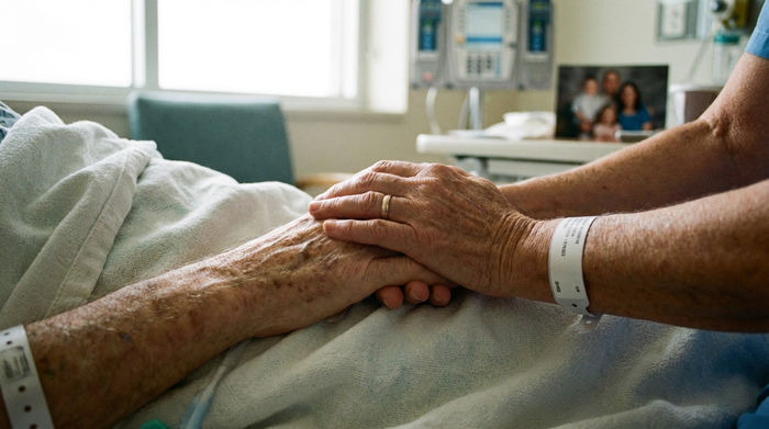 Hände einer Pflegerin, die sanft die Hand eines Patienten halten