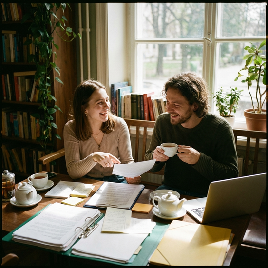 Zwei Personen sitzen bei einer Tasse Tee zusammen und besprechen Unterlagen