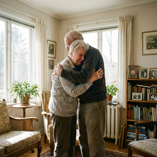 Älteres Ehepaar umarmt sich tröstend in einem hellen Wohnzimmer