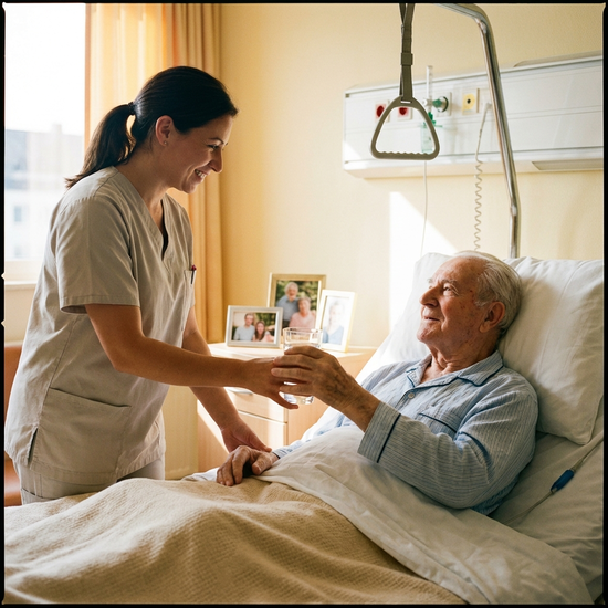 Pflegerin reicht einem Senior sanft ein Glas Wasser am Pflegebett.