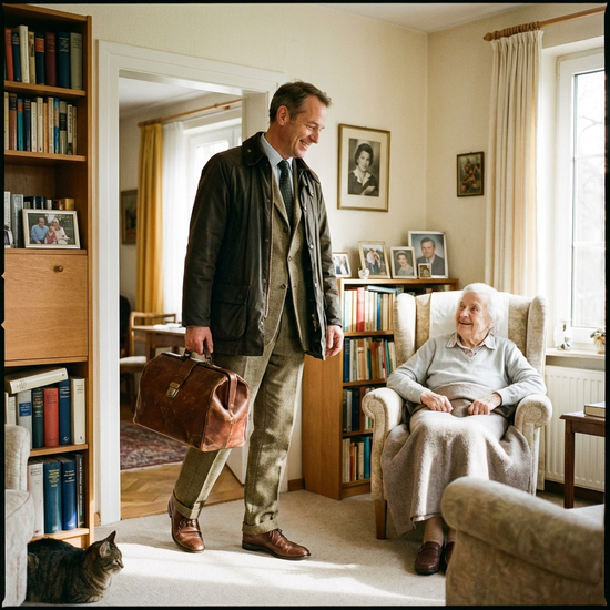 Arzt mit Arztkoffer betritt freundlich lächelnd das Wohnzimmer eines Patienten.