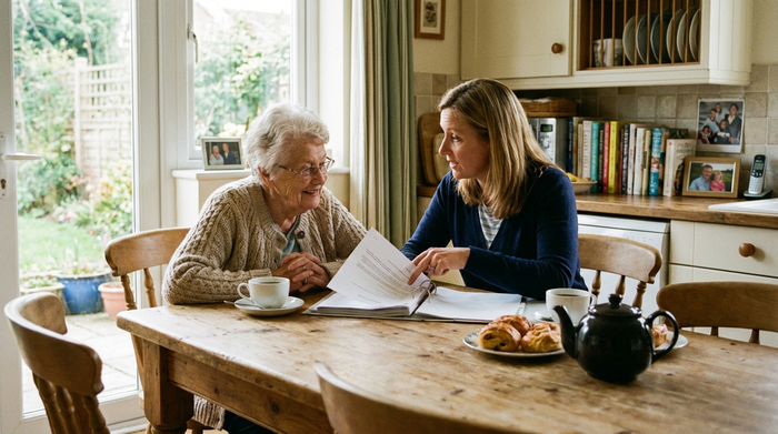 Seniorin sitzt mit ihrer Tochter am Esstisch und bespricht Dokumente aus einem Ordner.