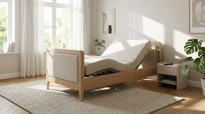 Modernes, elektrisch verstellbares Pflegebett in einem hellen Schlafzimmer.