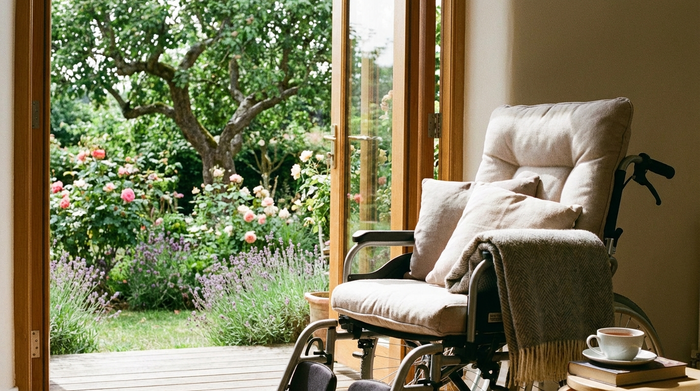 Bequemer Rollstuhl steht bereit neben einer Terrassentür mit Blick in den Garten.