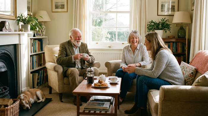 Zwei Frauen und ein älterer Herr sitzen entspannt bei einer Tasse Kaffee im Wohnzimmer zusammen.