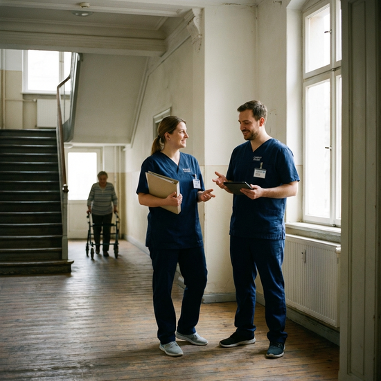 Zwei Pflegekräfte in Dienstkleidung besprechen sich ruhig im Flur eines Wohnhauses