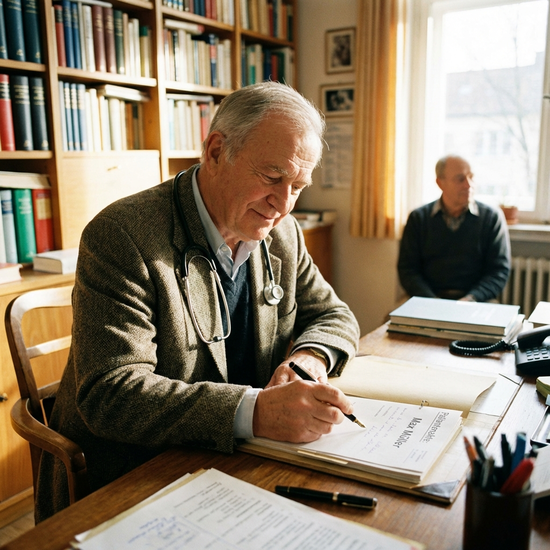 Hausarzt mit Stethoskop macht sich Notizen in einer Patientenakte