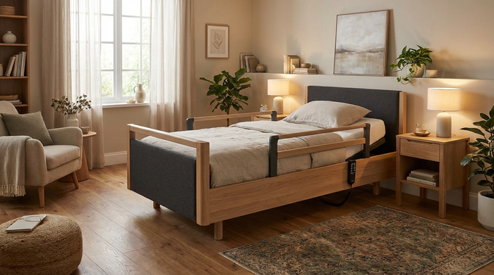 Modernes elektrisches Pflegebett in einem wohnlich eingerichteten Schlafzimmer