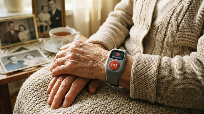 Hausnotruf-Armband am Handgelenk einer älteren Person
