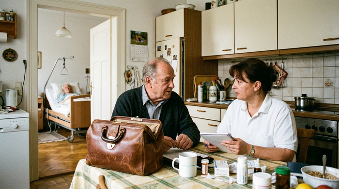 Hausarzt sitzt mit seiner Arzttasche am Küchentisch und spricht mit pflegender Angehöriger