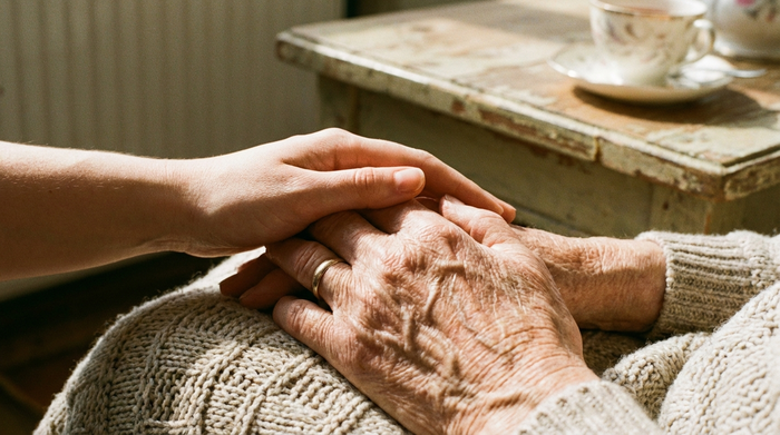 Hände einer älteren Person, die beruhigend von einer jüngeren Hand gehalten werden