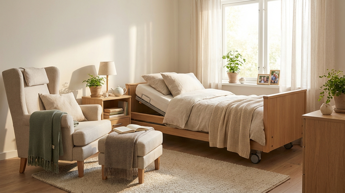 Friedliches, helles Schlafzimmer mit einem gemütlichen Pflegebett und einem Sessel für Angehörige