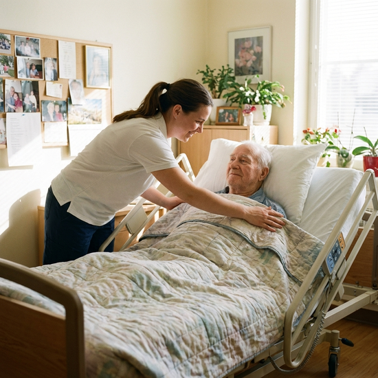Pflegerin richtet behutsam die Bettdecke eines Seniors in einem Pflegebett