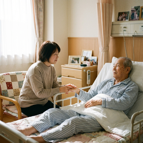 Angehörige sitzt ruhig neben dem Pflegebett und hält die Hand des Seniors