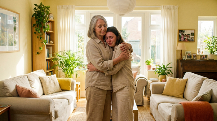 Zwei Frauen umarmen sich tröstend in einem hellen, freundlichen Wohnzimmer