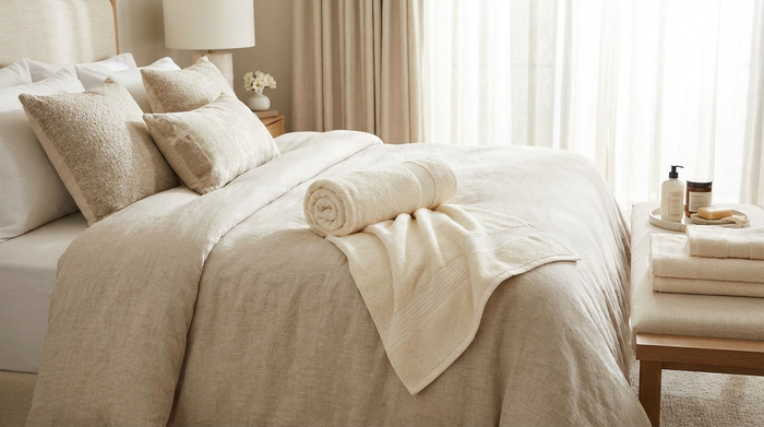 Zusammengerolltes Handtuch ordentlich auf einem Bett drapiert