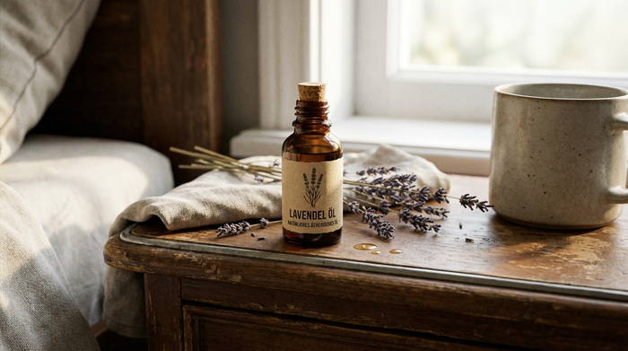 Fläschchen mit ätherischem Lavendelöl auf einem hölzernen Nachttisch
