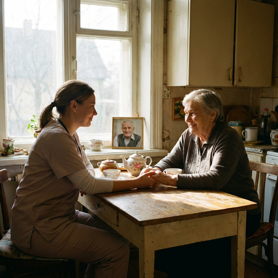 Palliativpflegerin bespricht sich in ruhiger Atmosphäre mit einer Angehörigen am Küchentisch