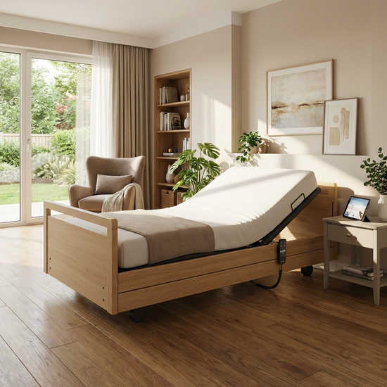 Modernes elektrisches Pflegebett in einem wohnlichen häuslichen Umfeld