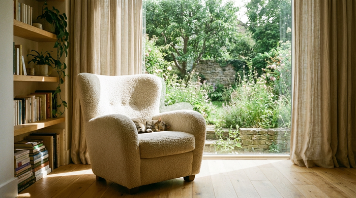Ruhiges, helles Zimmer mit gemütlichem Sessel und Blick in einen grünen Garten, friedliche Atmosphäre