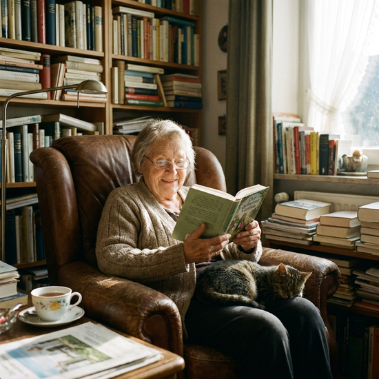 Ältere Dame sitzt entspannt in einem bequemen Sessel und liest ein Buch