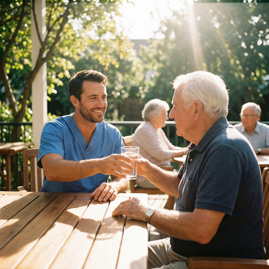 Freundlicher Pfleger reicht einem älteren Herrn ein Glas Wasser an einem sonnigen Tisch