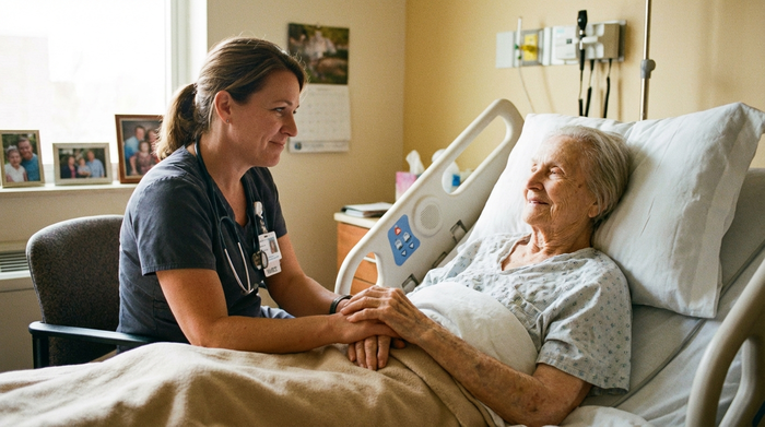 Pflegerin hält sanft die Hand einer älteren Patientin im Bett