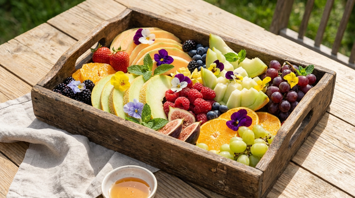 Liebevoll angerichteter Obstteller auf einem Holztablett