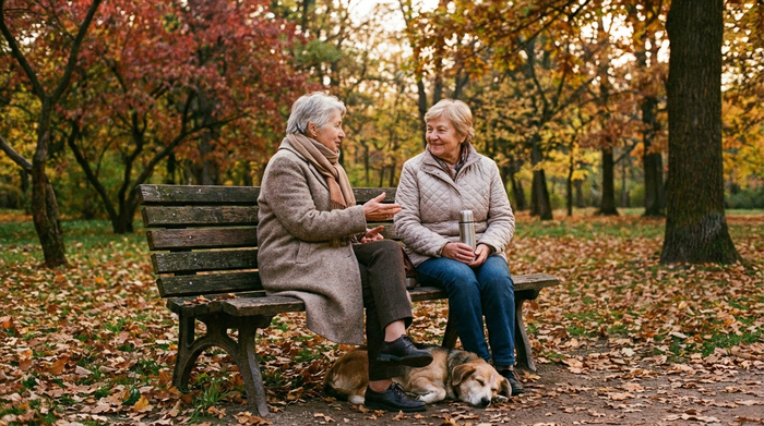 Zwei Frauen unterhalten sich ruhig auf einer Bank in einem Park