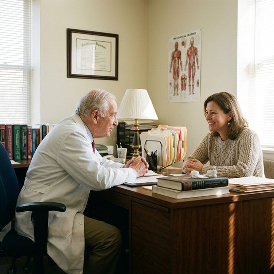Arzt im weißen Kittel sitzt am Schreibtisch und spricht zugewandt mit einer Frau