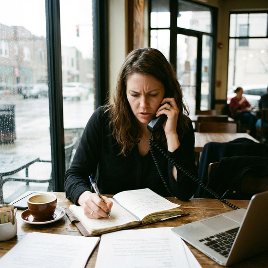 Frau telefoniert konzentriert mit einem Notizblock auf dem Tisch