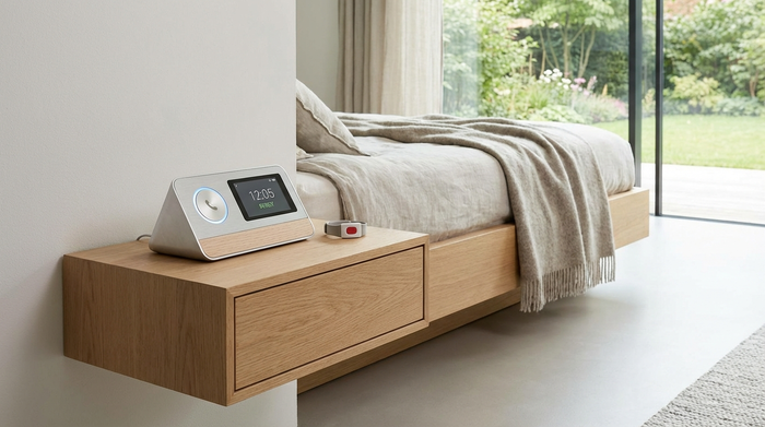 Modernes Hausnotruf-Gerät auf einem Nachttisch neben einem Bett