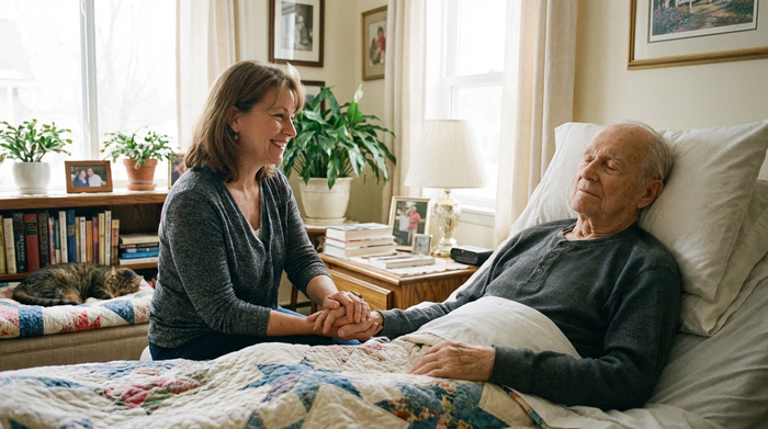 Einfühlsame Pflegerin sitzt am Bett eines älteren Herrn und hält sanft seine Hand, ruhige und friedliche Atmosphäre im Schlafzimmer